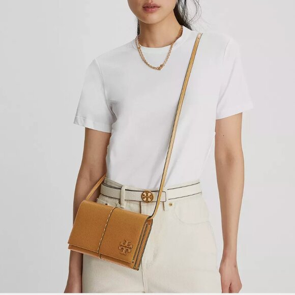 NWT【Tory Burch】McGraw Pebble Leather Wallet Crossbody Bag Tiramisu - Picture 2 of 13